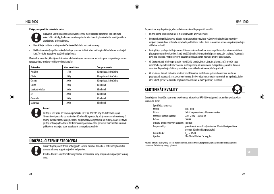 Certifikát kvality, Údržba, čistenie strojčeka, Hrg-1000 | Dyras HRG-1000 User Manual | Page 20 / 25