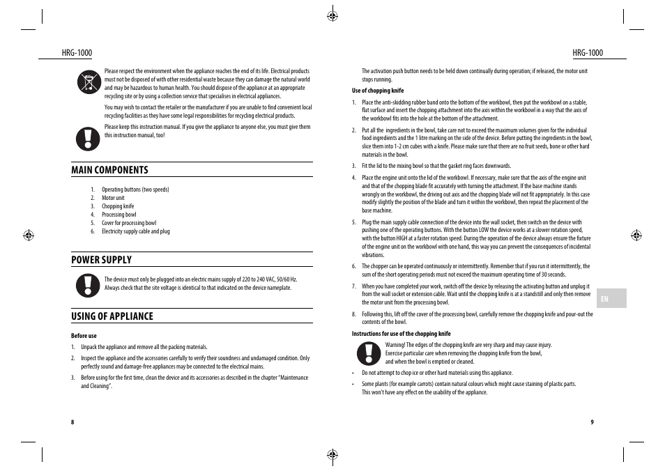 Main components, Power supply, Using of appliance | Dyras HRG-1000 User Manual | Page 5 / 25