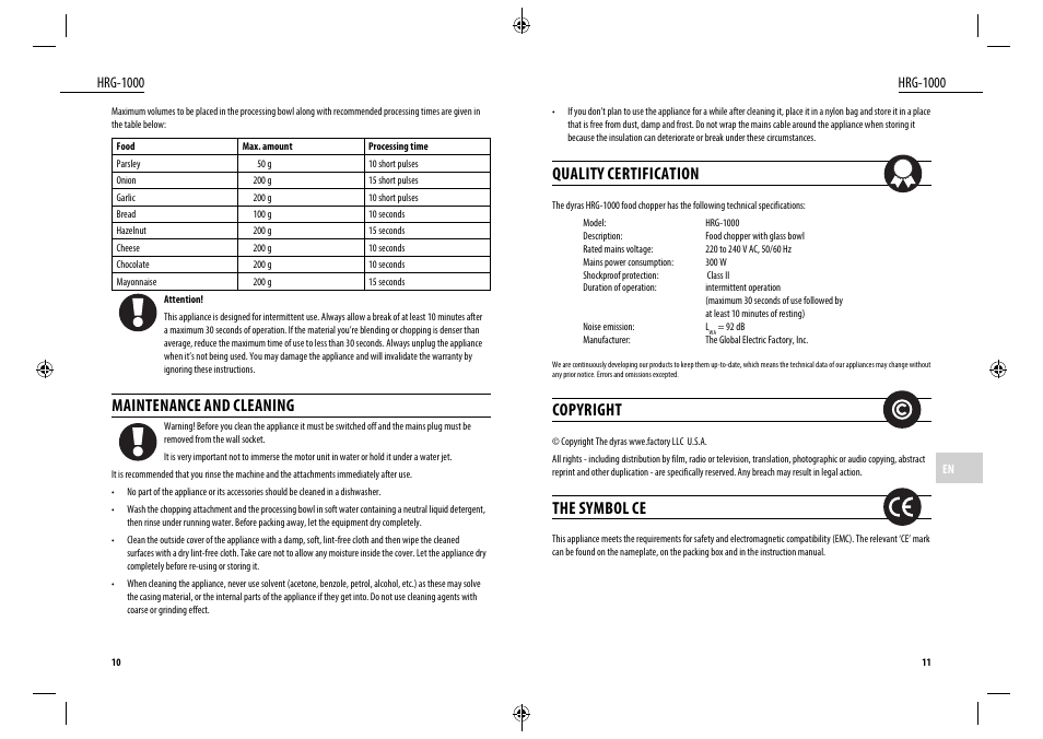 Quality certification, Copyright, The symbol ce | Maintenance and cleaning, Hrg-1000 | Dyras HRG-1000 User Manual | Page 6 / 25