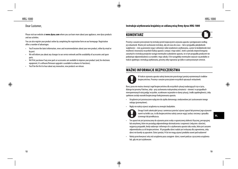 Komentarz, Ważne informacje bezpieczeństwa | Dyras HRG-1000 User Manual | Page 7 / 25