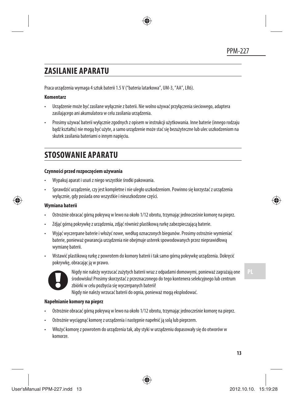 Zasilanie aparatu, Stosowanie aparatu, Ppm-227 | Dyras PPM-227 User Manual | Page 13 / 33