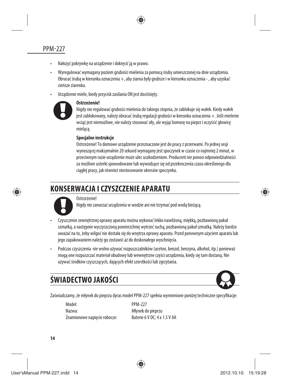 Konserwacja i czyszczenie aparatu, Świadectwo jakości, Ppm-227 | Dyras PPM-227 User Manual | Page 14 / 33