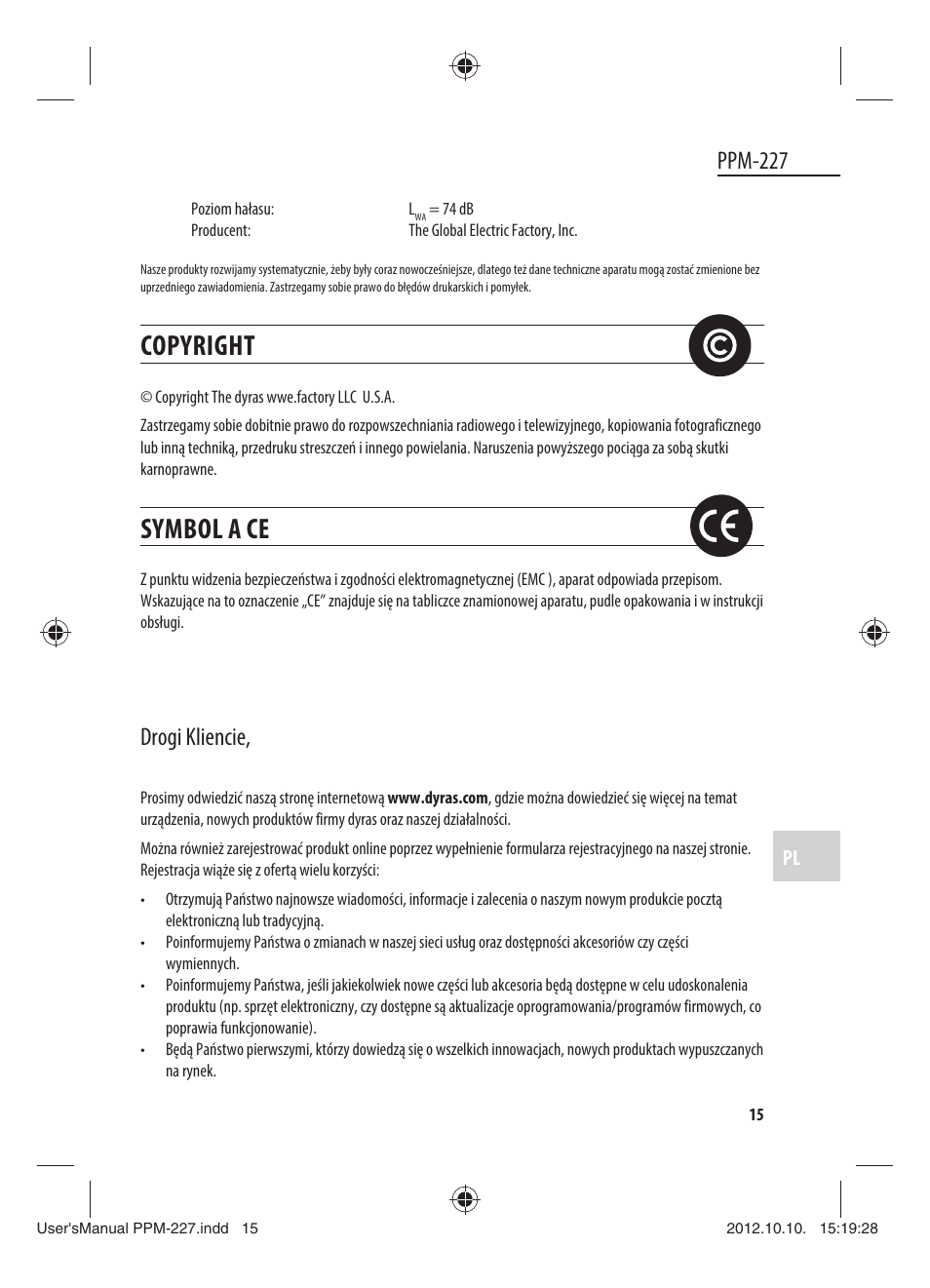 Copyright, Symbol a ce, Ppm-227 | Drogi kliencie | Dyras PPM-227 User Manual | Page 15 / 33