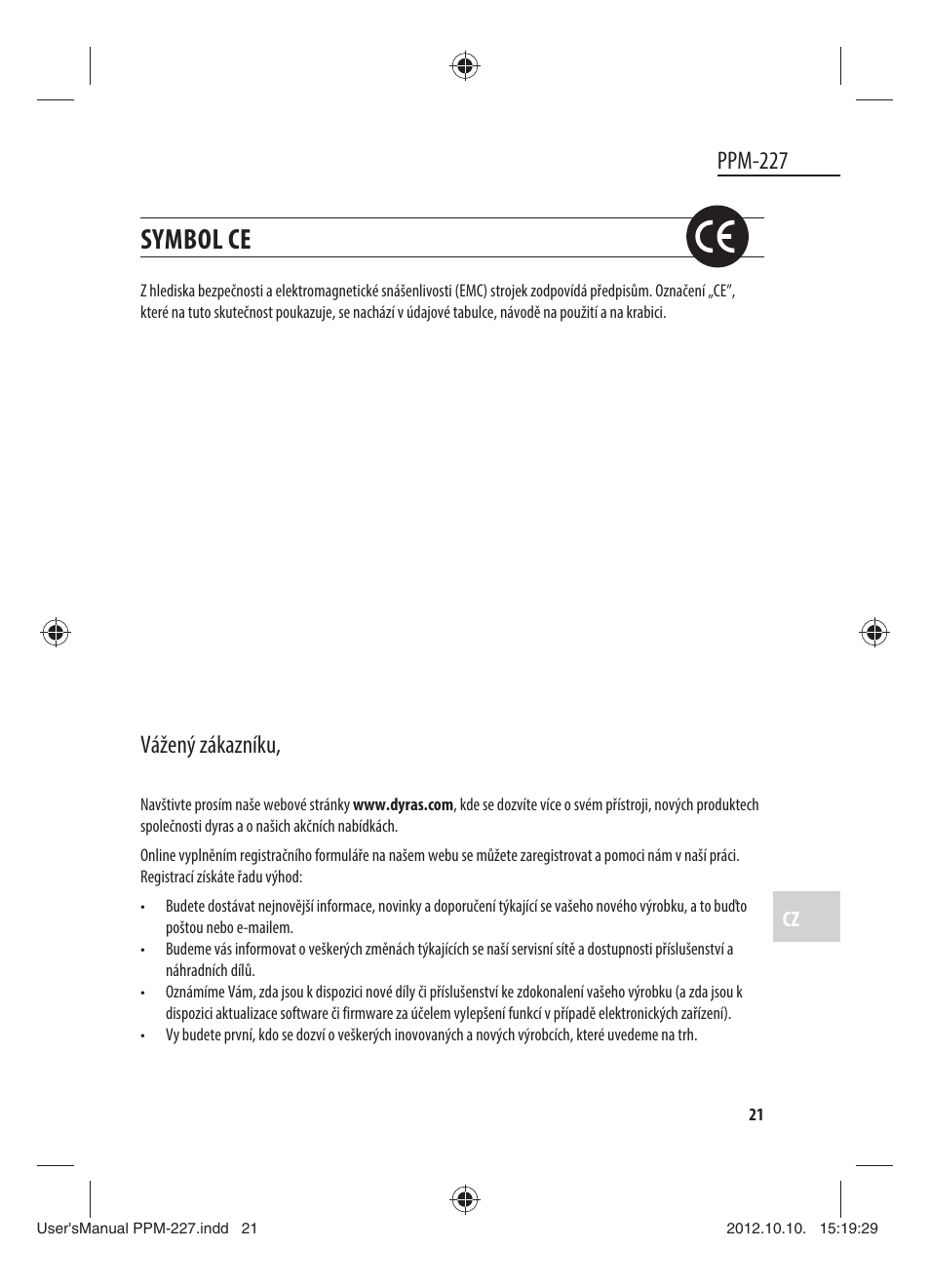 Symbol ce, Ppm-227, Vážený zákazníku | Dyras PPM-227 User Manual | Page 21 / 33