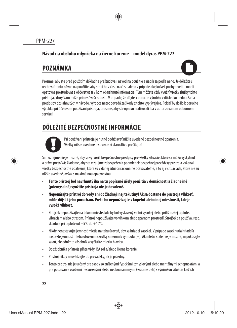 Poznámka, Dőležité bezpečnostné informácie, Ppm-227 | Dyras PPM-227 User Manual | Page 22 / 33