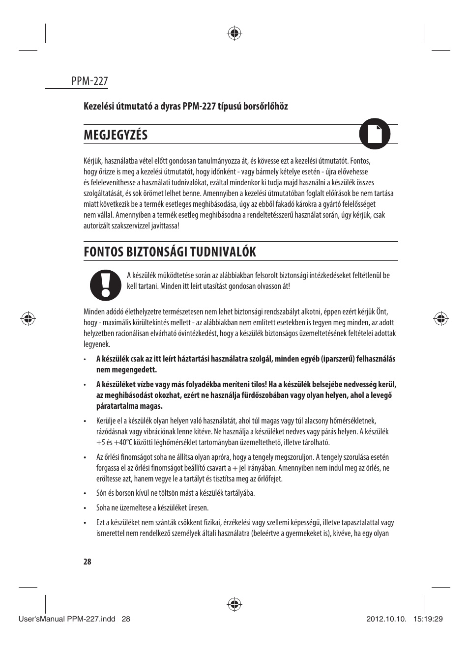 Megjegyzés, Fontos biztonsági tudnivalók, Ppm-227 | Dyras PPM-227 User Manual | Page 28 / 33