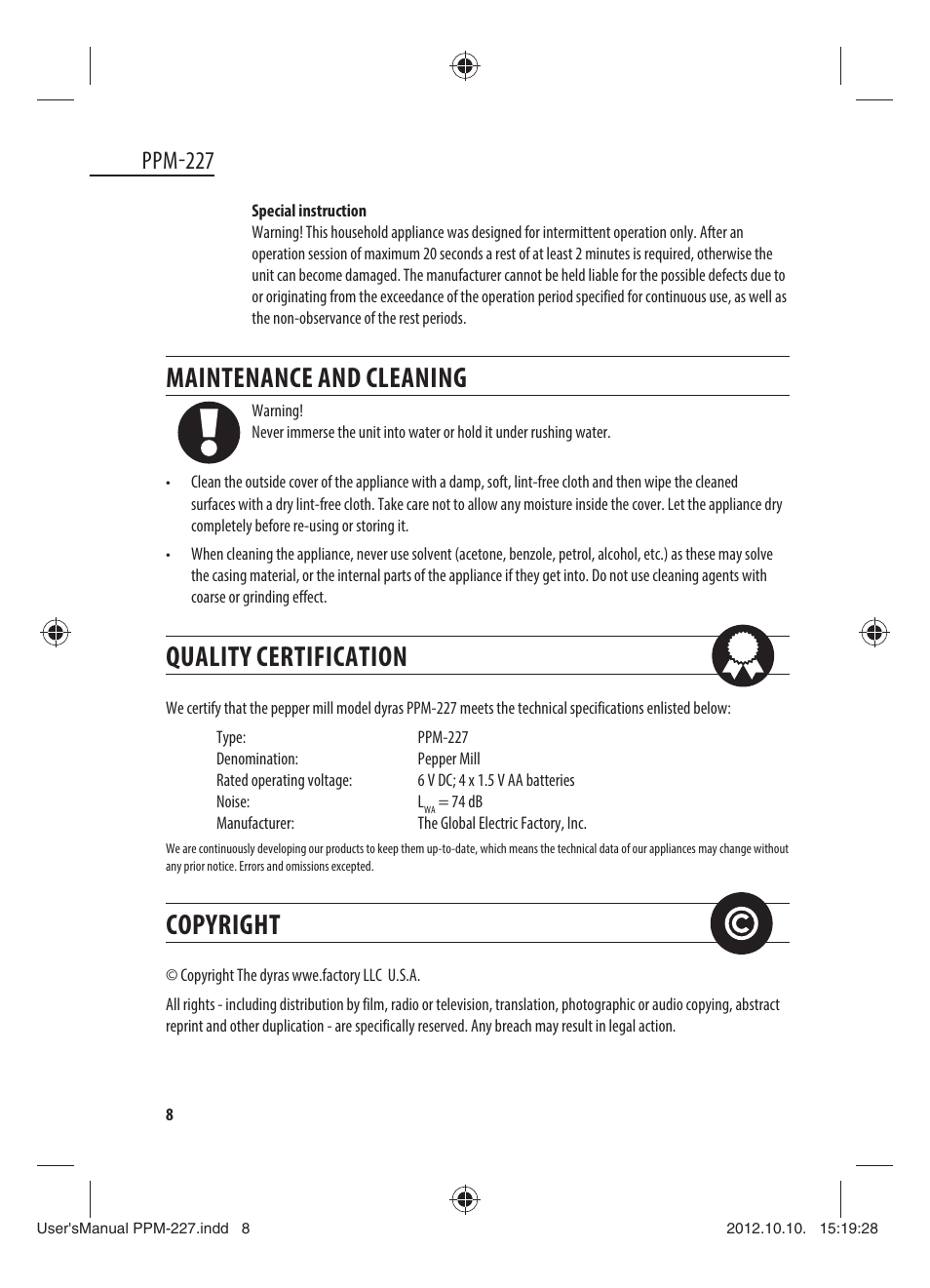 Maintenance and cleaning, Quality certification, Copyright | Ppm-227 | Dyras PPM-227 User Manual | Page 8 / 33