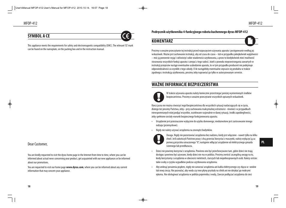 Komentarz, Ważne informacje bezpieczeństwa, Symbol a ce | Dyras MFOP-412 User Manual | Page 10 / 41