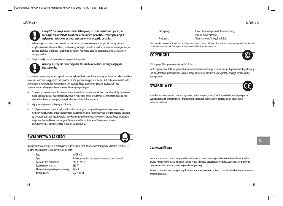 Copyright, Symbol a ce, Świadectwo jakości | Dyras MFOP-412 User Manual | Page 17 / 41