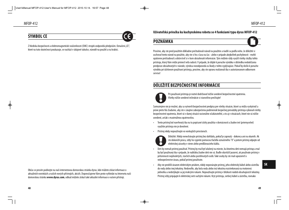 Symbol ce, Poznámka, Dőležité bezpečnostné informácie | Dyras MFOP-412 User Manual | Page 25 / 41
