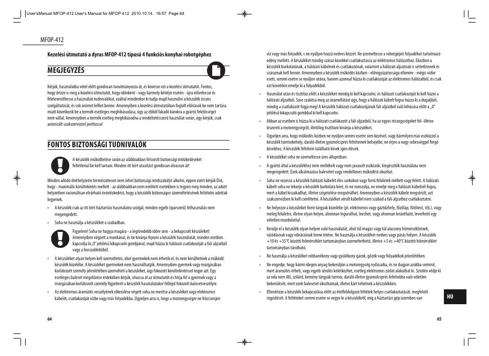 Megjegyzés, Fontos biztonsági tudnivalók, Mfop-412 | Dyras MFOP-412 User Manual | Page 33 / 41