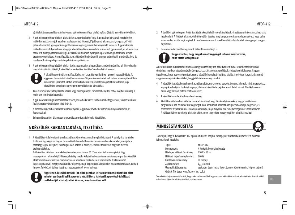 Minőségtanúsítás, A készülék karbantartása, tisztítása, Mfop-412 | Dyras MFOP-412 User Manual | Page 39 / 41