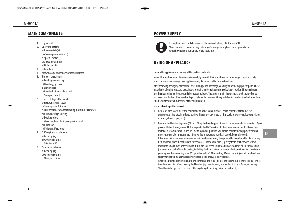 Power supply, Using of appliance, Main components | Dyras MFOP-412 User Manual | Page 5 / 41