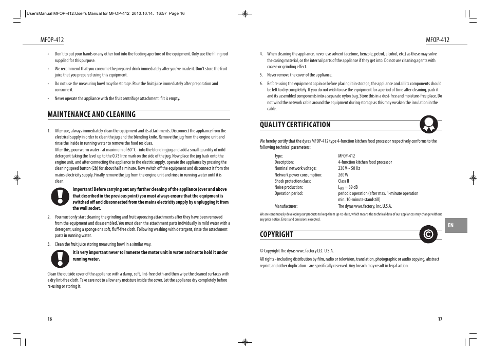 Quality certification, Copyright, Maintenance and cleaning | Mfop-412 | Dyras MFOP-412 User Manual | Page 9 / 41