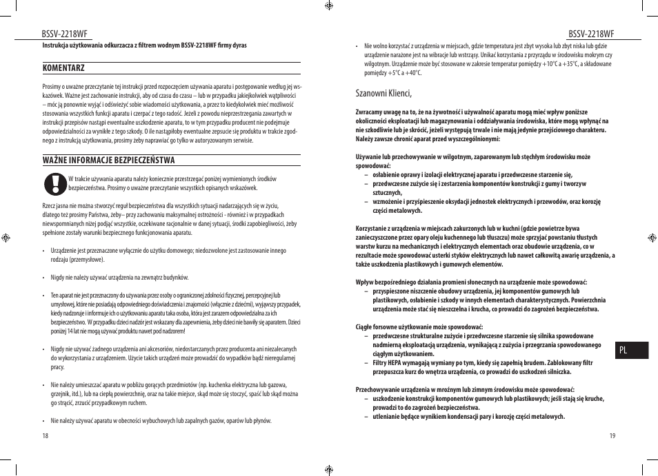 Bssv-2218wf, Bssv-2218wf pl, Szanowni klienci | Dyras BSSV-2218WF User Manual | Page 10 / 39