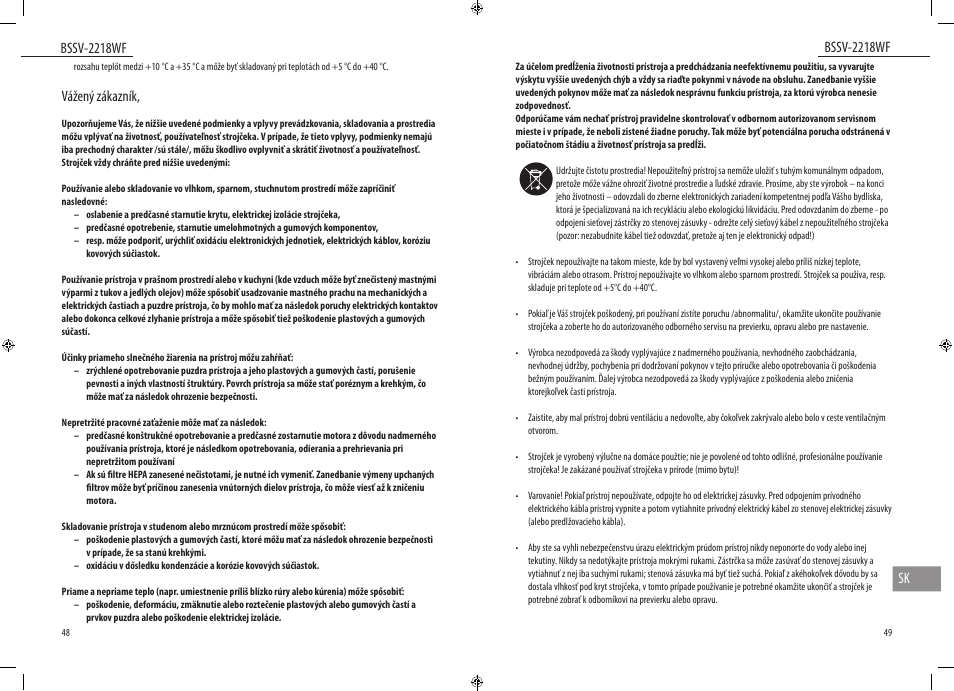 Bssv-2218wf, Bssv-2218wf sk, Vážený zákazník | Dyras BSSV-2218WF User Manual | Page 25 / 39