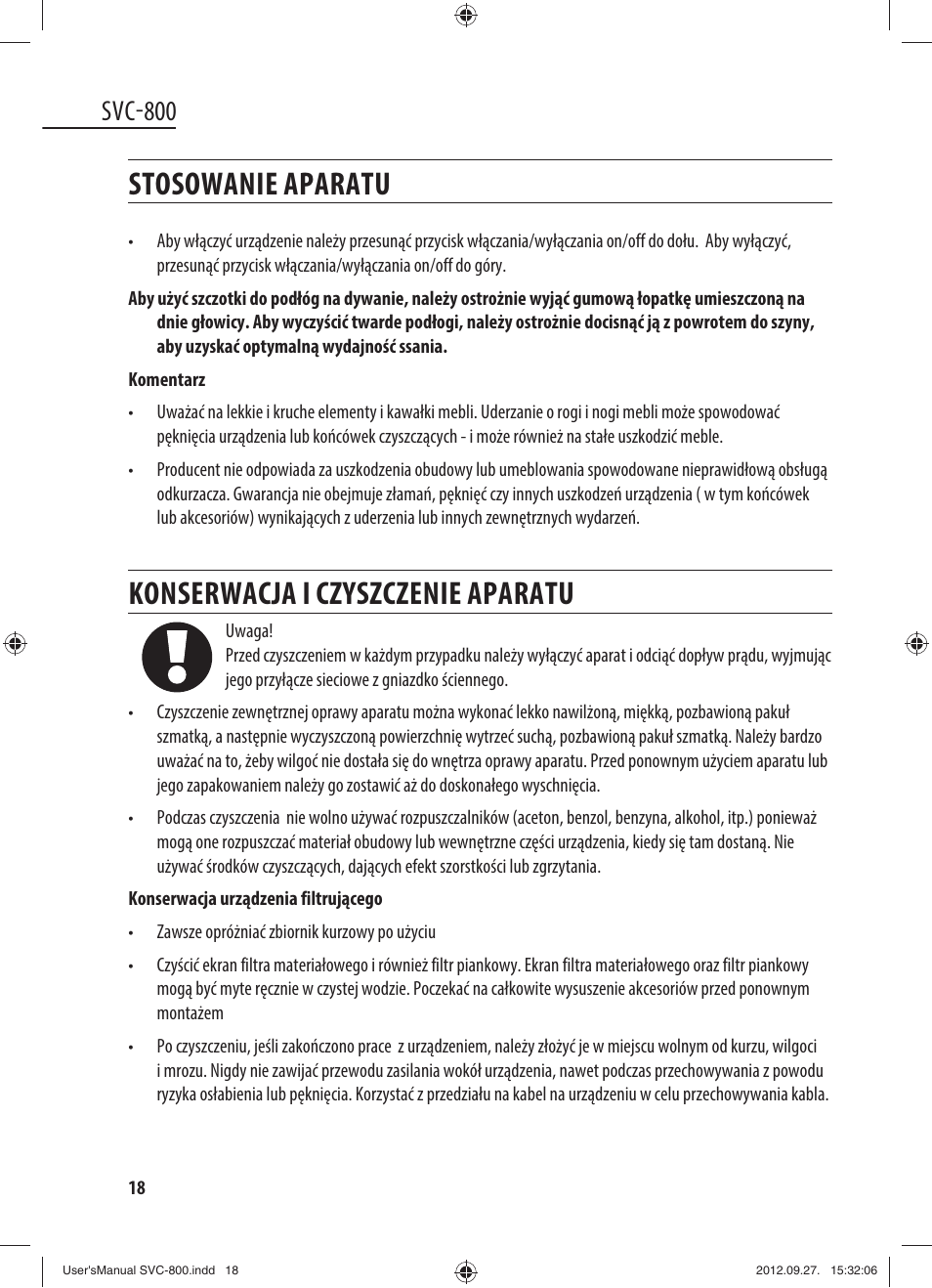 Stosowanie aparatu, Konserwacja i czyszczenie aparatu, Svc-800 | Dyras SVC-800 User Manual | Page 18 / 45