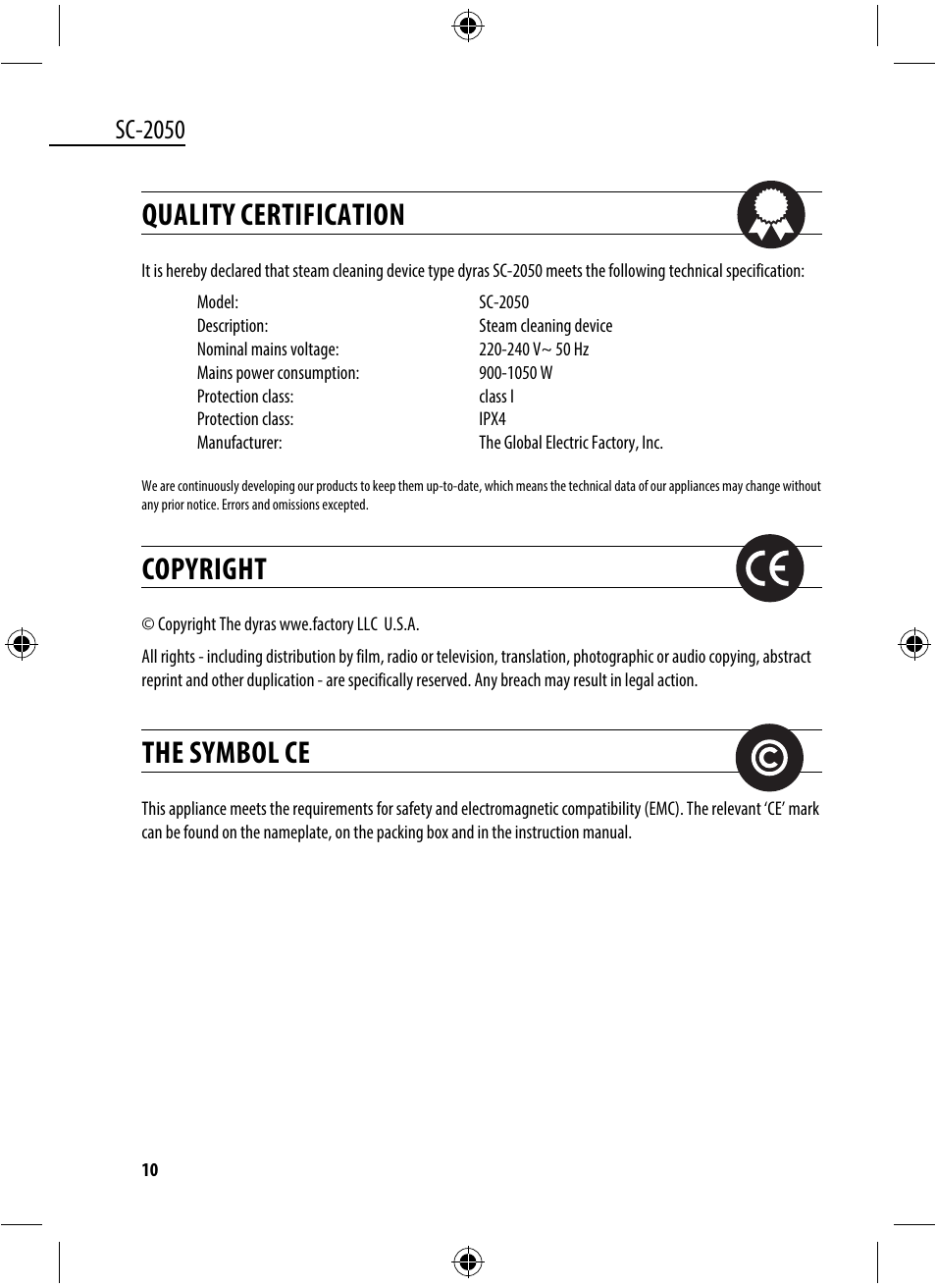 Quality certification, Copyright, The symbol ce | Sc-2050 | Dyras SC-2050 User Manual | Page 10 / 45