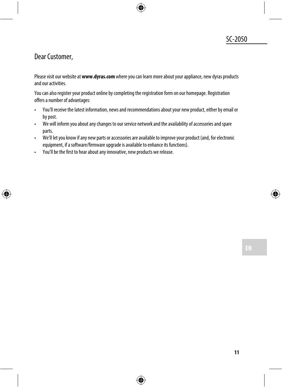 Sc-2050, Dear customer | Dyras SC-2050 User Manual | Page 11 / 45