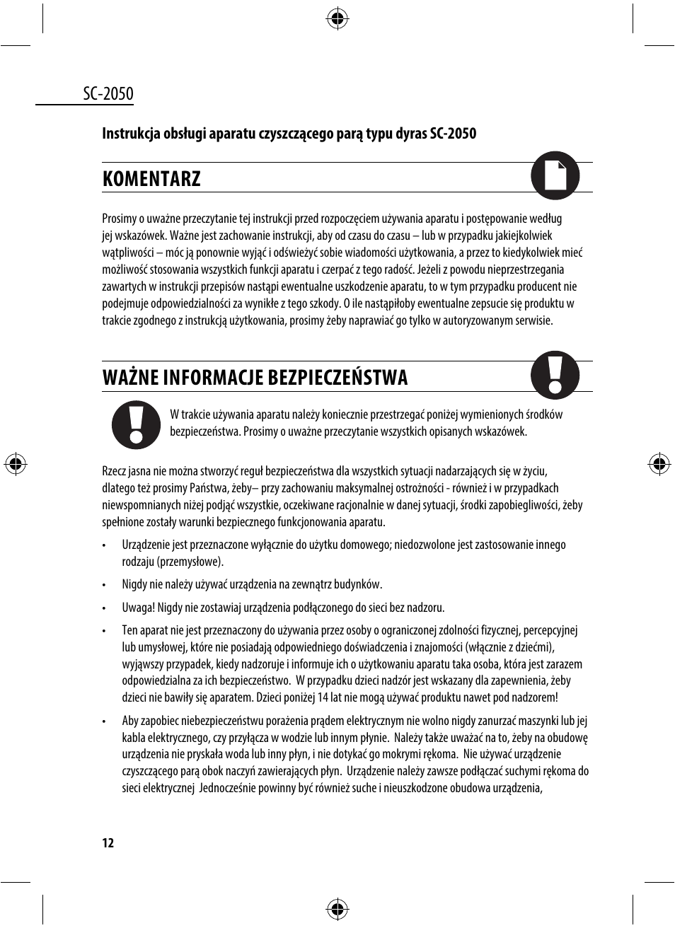 Komentarz, Ważne informacje bezpieczeństwa, Sc-2050 | Dyras SC-2050 User Manual | Page 12 / 45