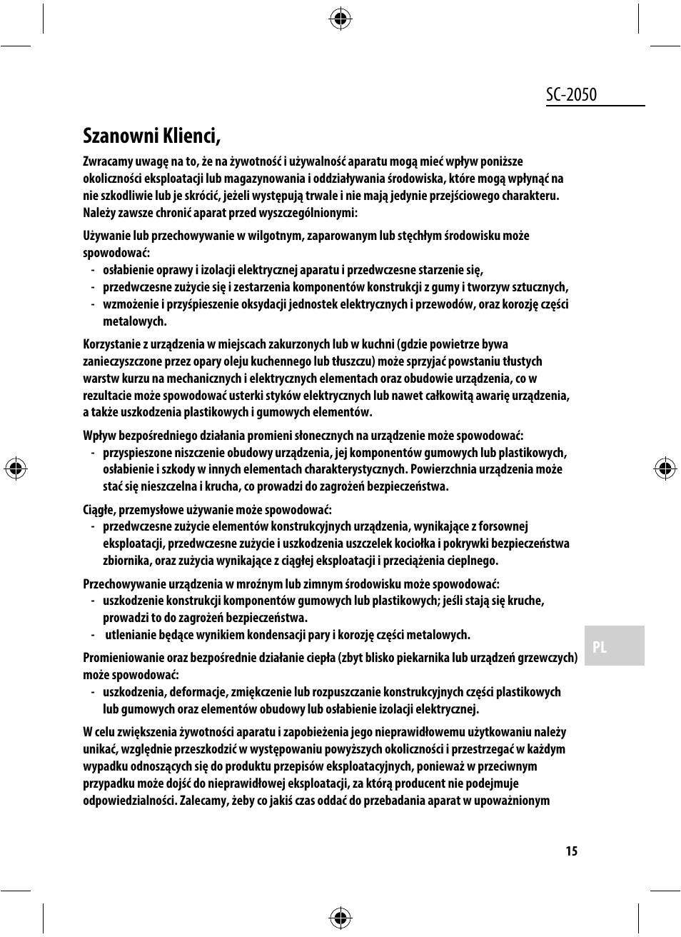 Szanowni klienci, Sc-2050 | Dyras SC-2050 User Manual | Page 15 / 45