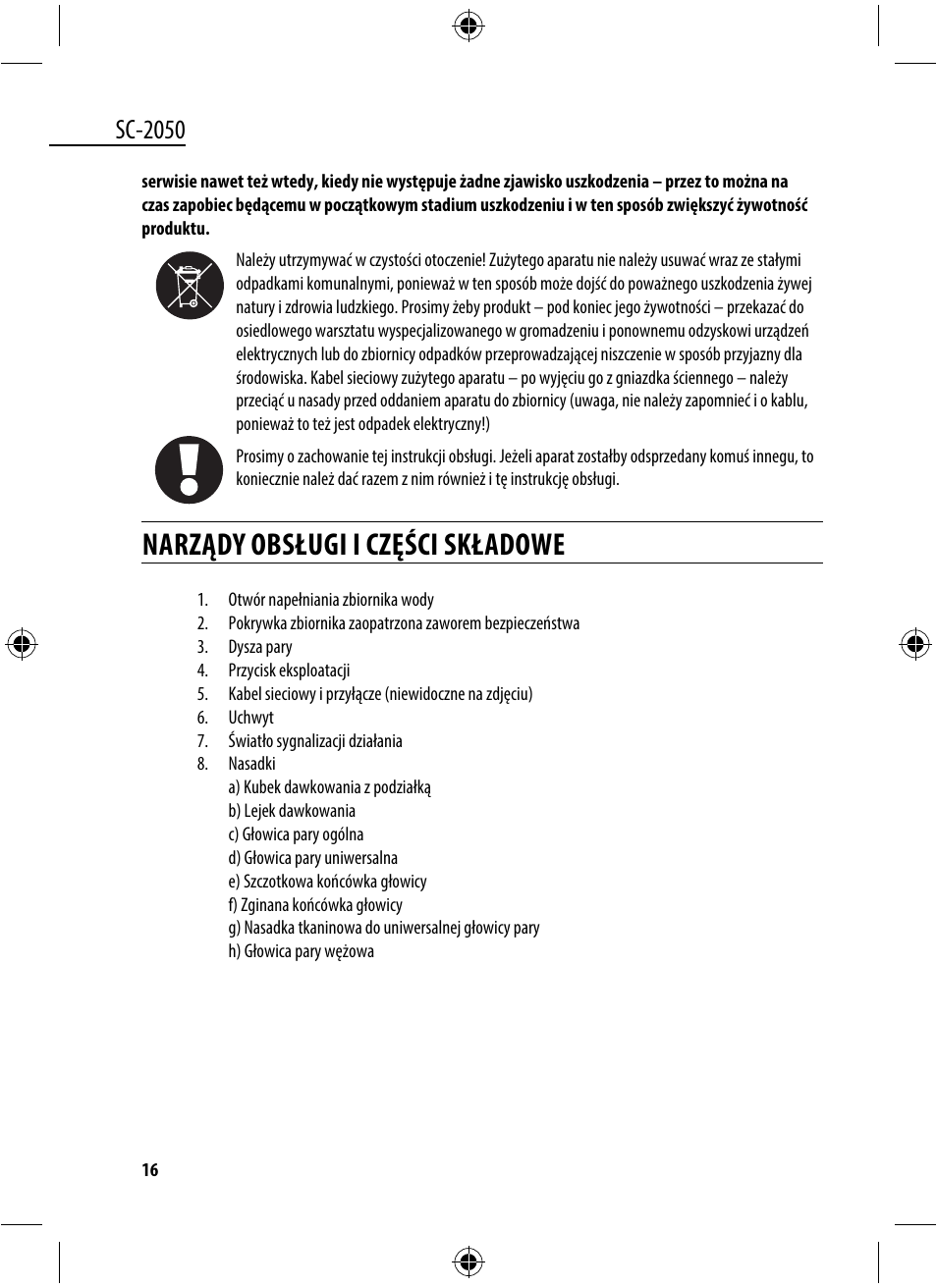Narządy obsługi i części składowe, Sc-2050 | Dyras SC-2050 User Manual | Page 16 / 45