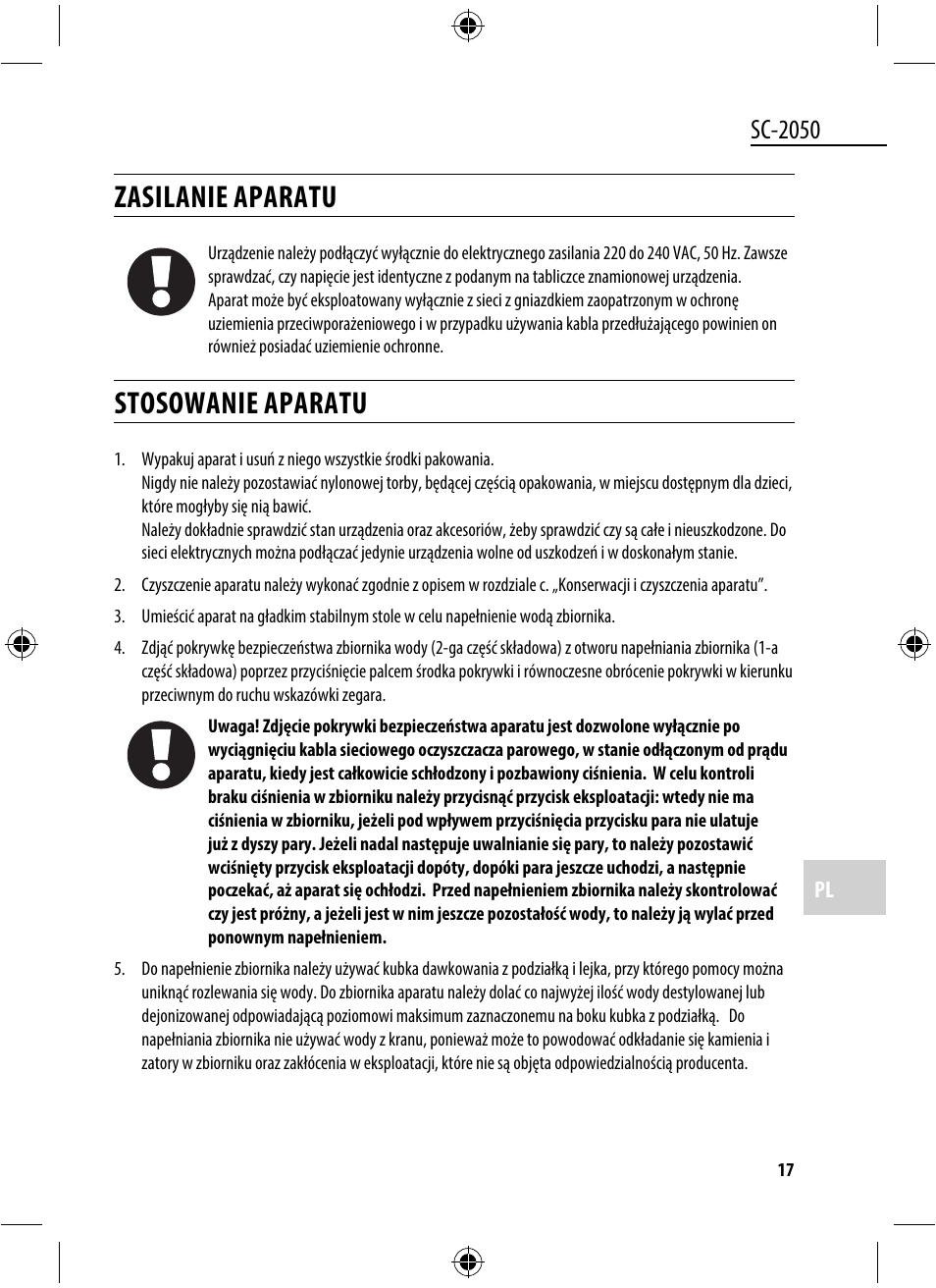 Zasilanie aparatu, Stosowanie aparatu, Sc-2050 | Dyras SC-2050 User Manual | Page 17 / 45
