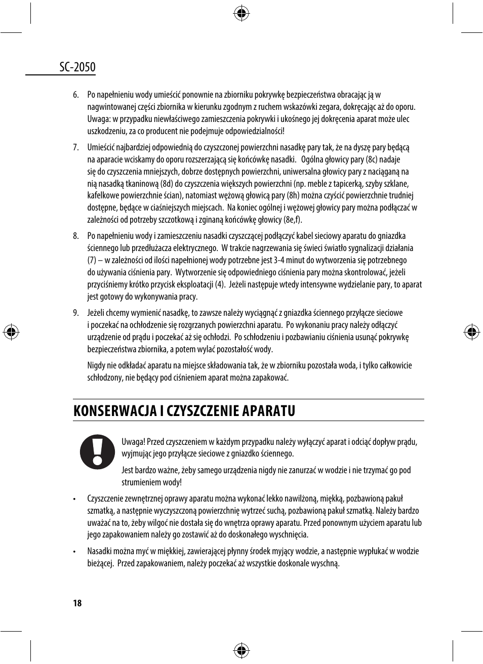 Konserwacja i czyszczenie aparatu, Sc-2050 | Dyras SC-2050 User Manual | Page 18 / 45