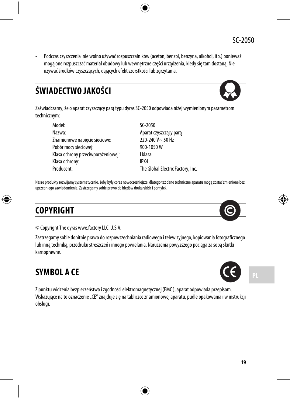 Świadectwo jakości, Copyright, Symbol a ce | Sc-2050 | Dyras SC-2050 User Manual | Page 19 / 45