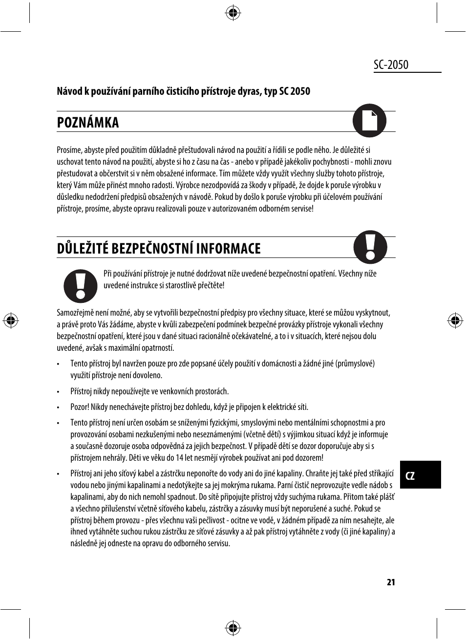 Poznámka, Důležité bezpečnostní informace, Sc-2050 | Dyras SC-2050 User Manual | Page 21 / 45