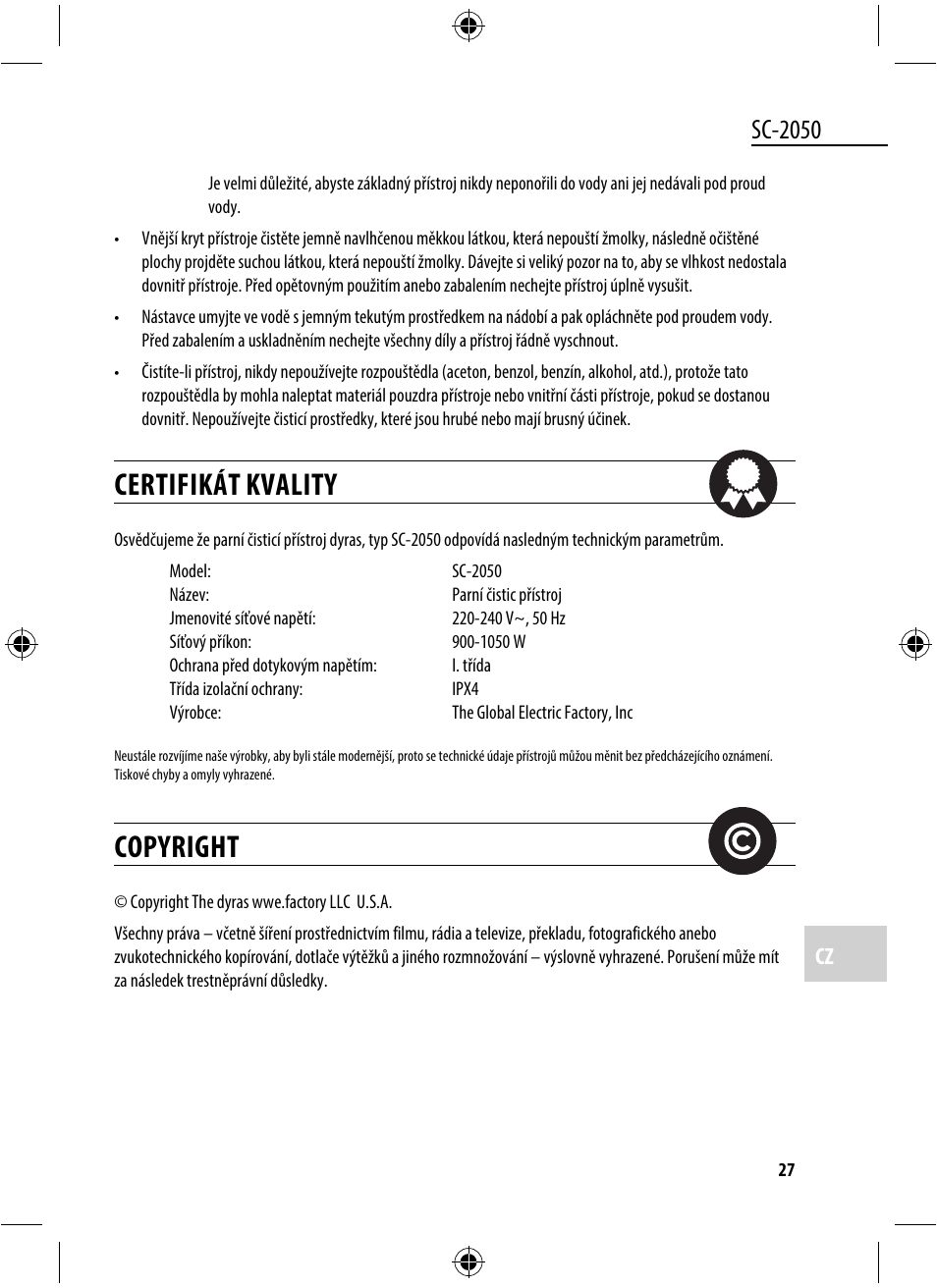 Certifikát kvality, Copyright, Sc-2050 | Dyras SC-2050 User Manual | Page 27 / 45