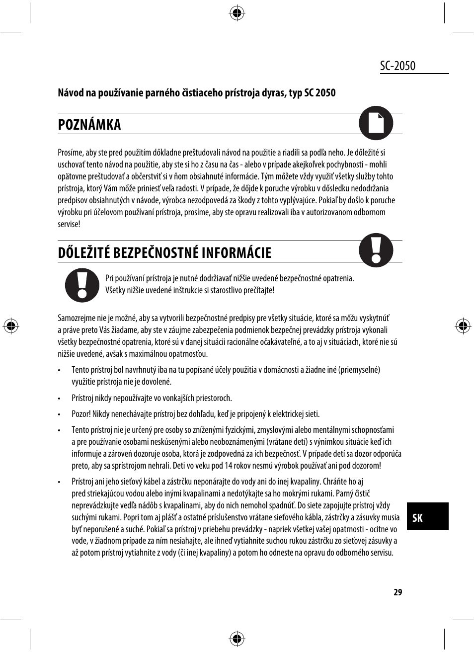Poznámka, Dőležité bezpečnostné informácie, Sc-2050 | Dyras SC-2050 User Manual | Page 29 / 45