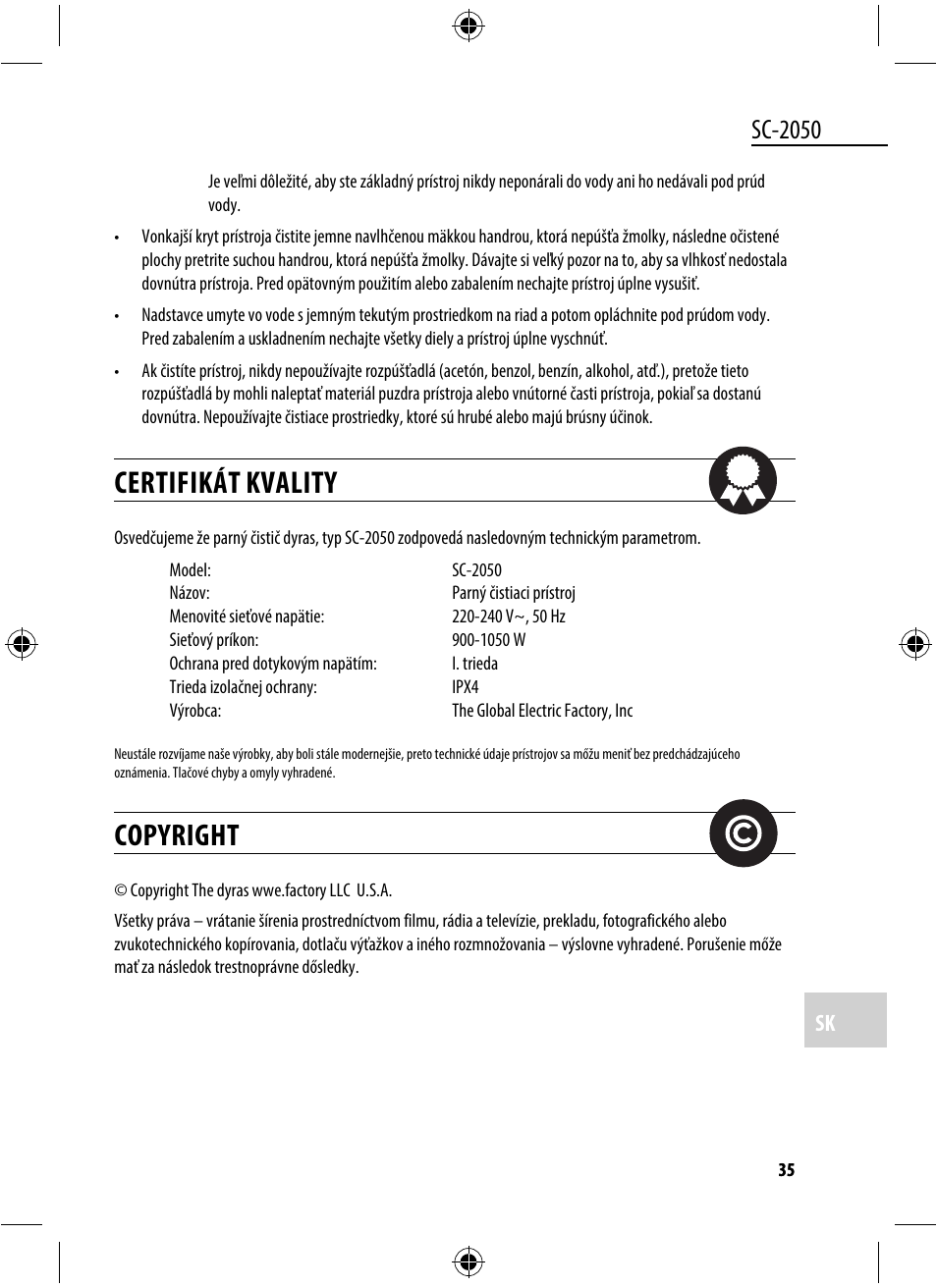 Certifikát kvality, Copyright, Sc-2050 | Dyras SC-2050 User Manual | Page 35 / 45