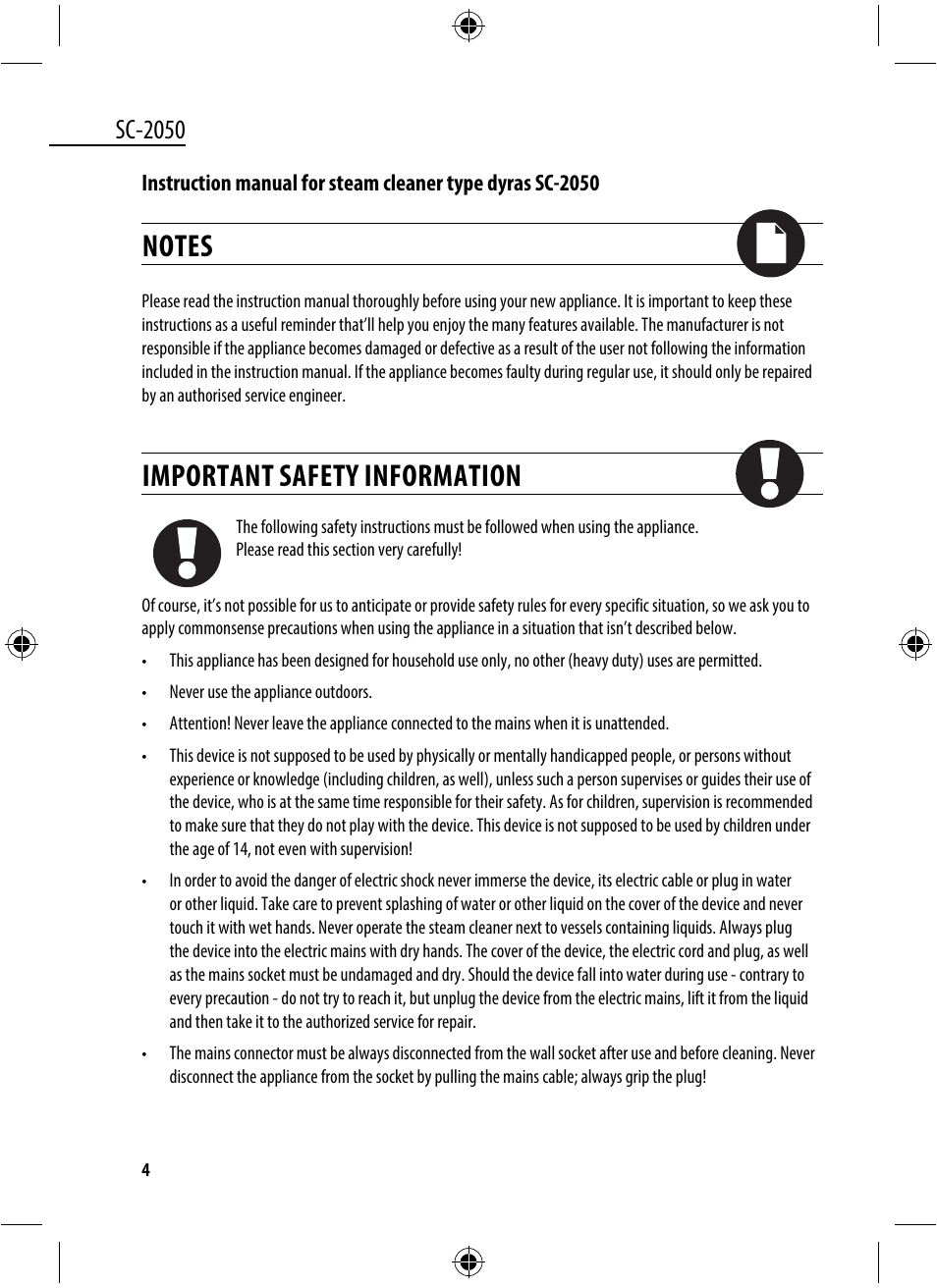Important safety information, Sc-2050 | Dyras SC-2050 User Manual | Page 4 / 45