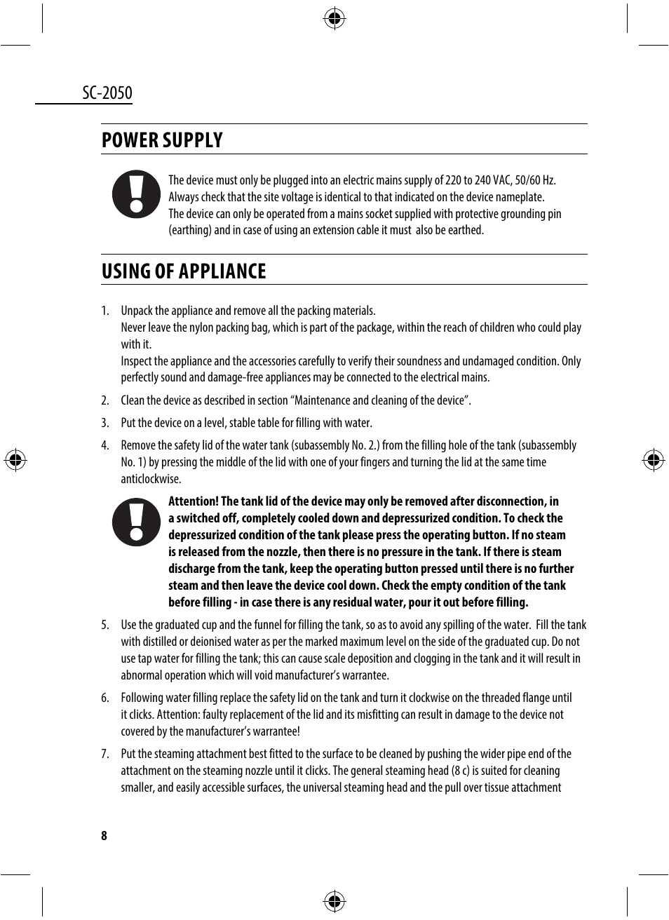 Power supply, Using of appliance, Sc-2050 | Dyras SC-2050 User Manual | Page 8 / 45