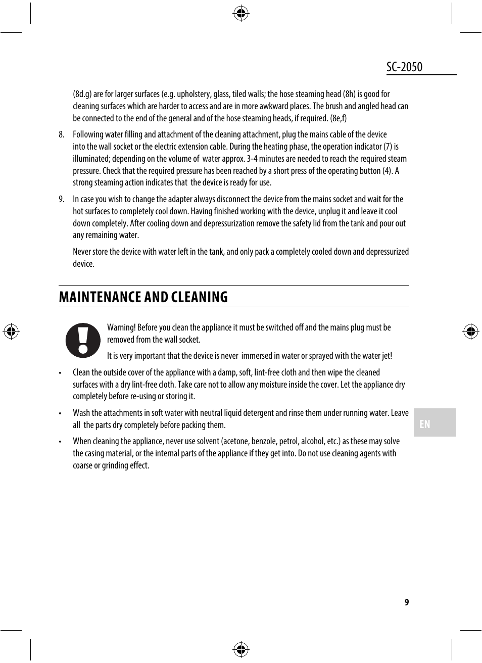 Maintenance and cleaning, Sc-2050 | Dyras SC-2050 User Manual | Page 9 / 45