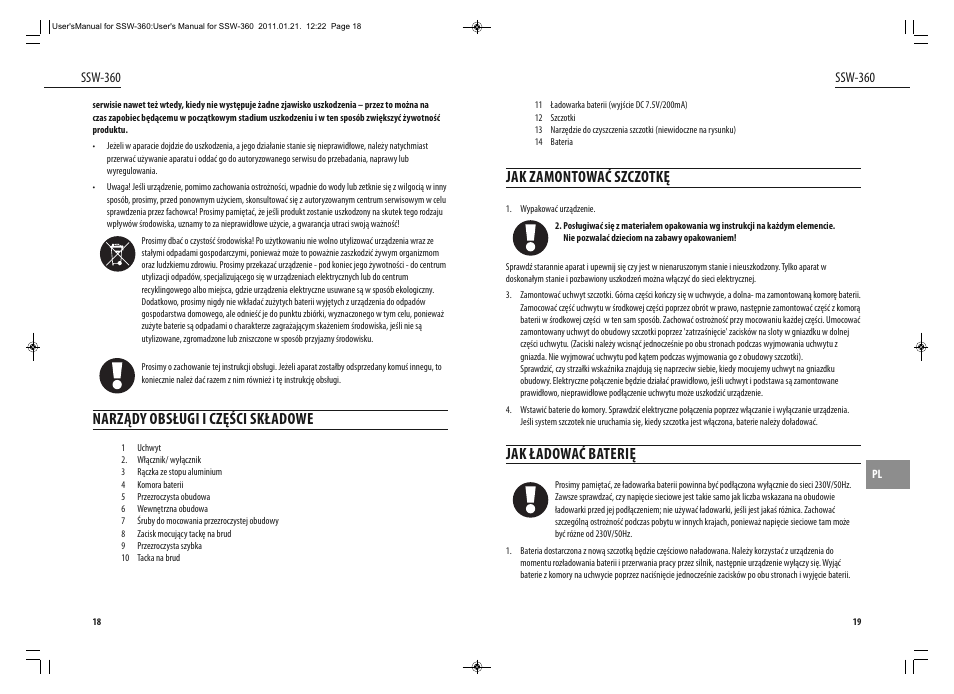 Jak zamontować szczotkę, Jak ładować baterię, Narządy obsługi i części składowe | Dyras SSW-360 User Manual | Page 10 / 29