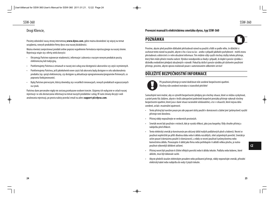 Poznámka, Důležité bezpečnostní informace | Dyras SSW-360 User Manual | Page 13 / 29