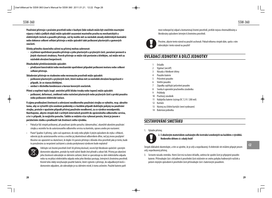 Ovládací jednotky a dílčí jednotky, Sestavování smetáku, Ssw-360 | Dyras SSW-360 User Manual | Page 15 / 29