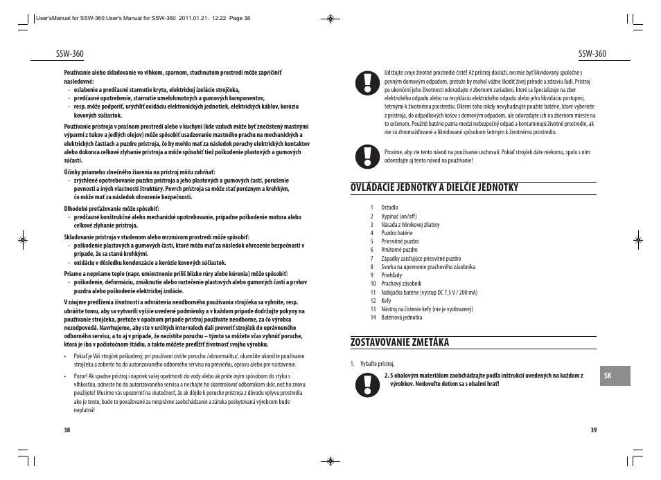 Ovládacie jednotky a dielčie jednotky, Zostavovanie zmetáka, Ssw-360 | Dyras SSW-360 User Manual | Page 20 / 29
