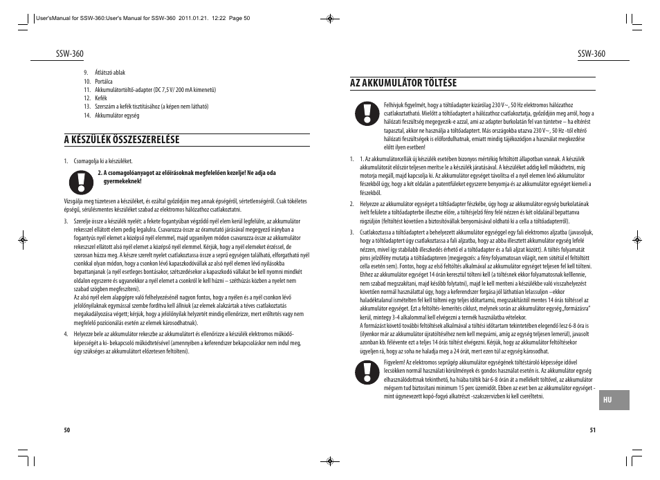 A készülék összeszerelése, Az akkumulátor töltése | Dyras SSW-360 User Manual | Page 26 / 29