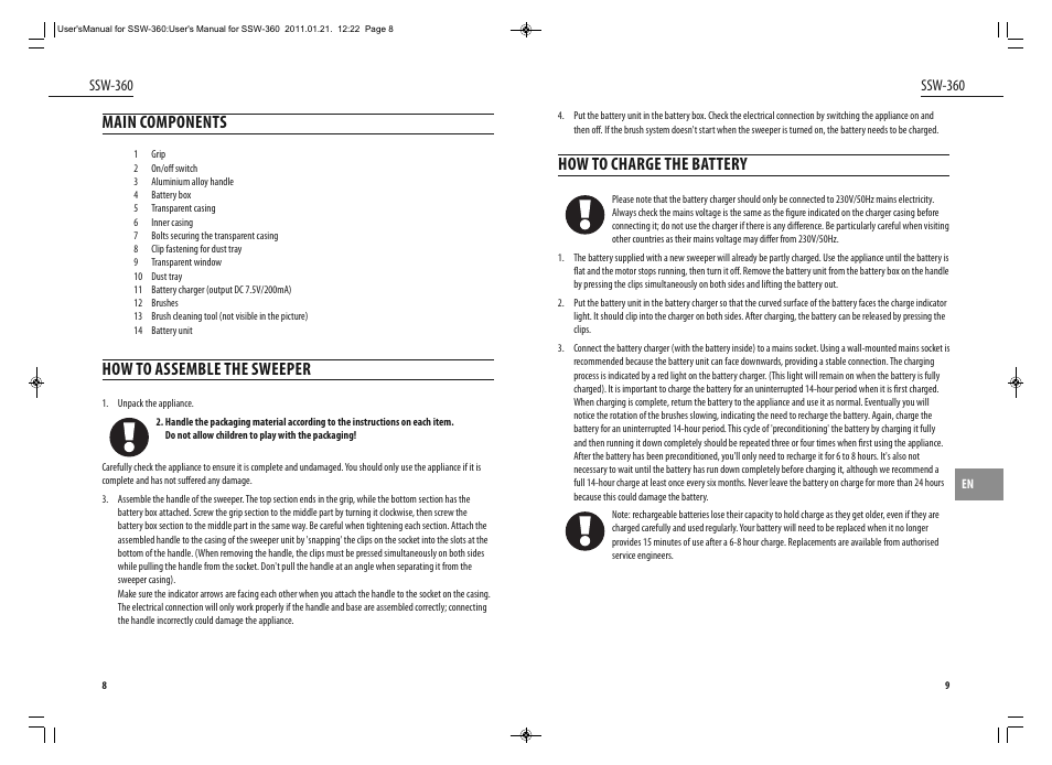 How to charge the battery, Main components, How to assemble the sweeper | Dyras SSW-360 User Manual | Page 5 / 29