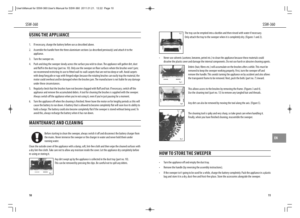How to store the sweeper, Using the appliance, Maintenance and cleaning | Ssw-360 | Dyras SSW-360 User Manual | Page 6 / 29