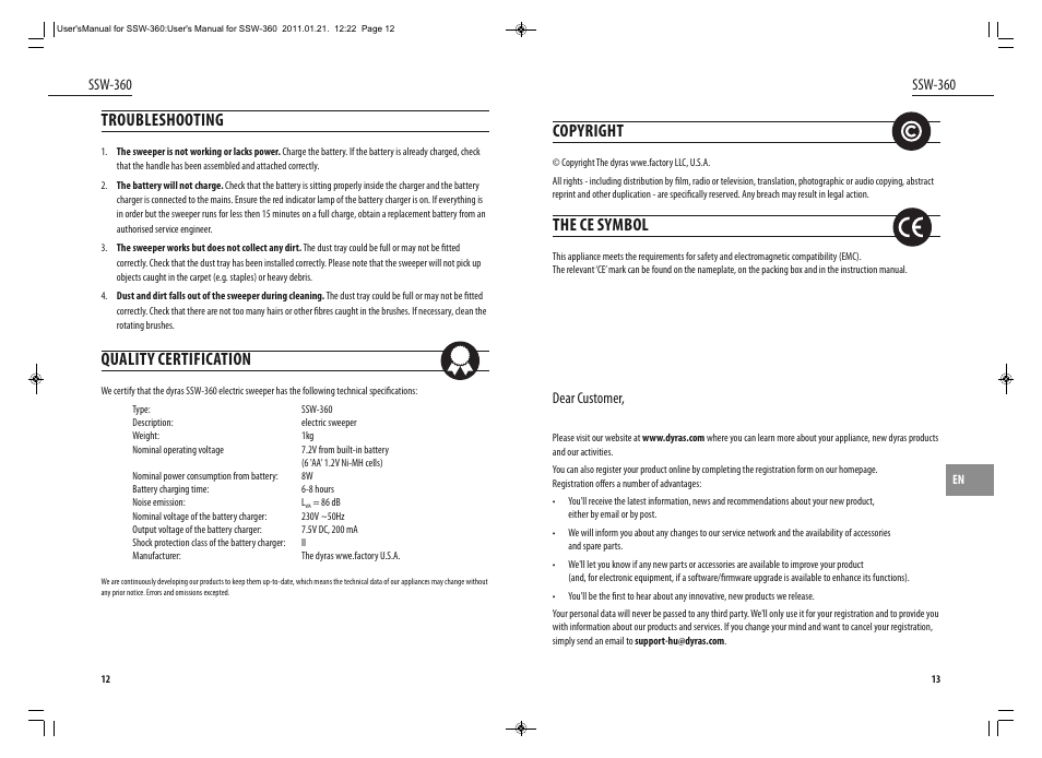Copyright, The ce symbol, Troubleshooting | Quality certification, Dear customer, Ssw-360 | Dyras SSW-360 User Manual | Page 7 / 29