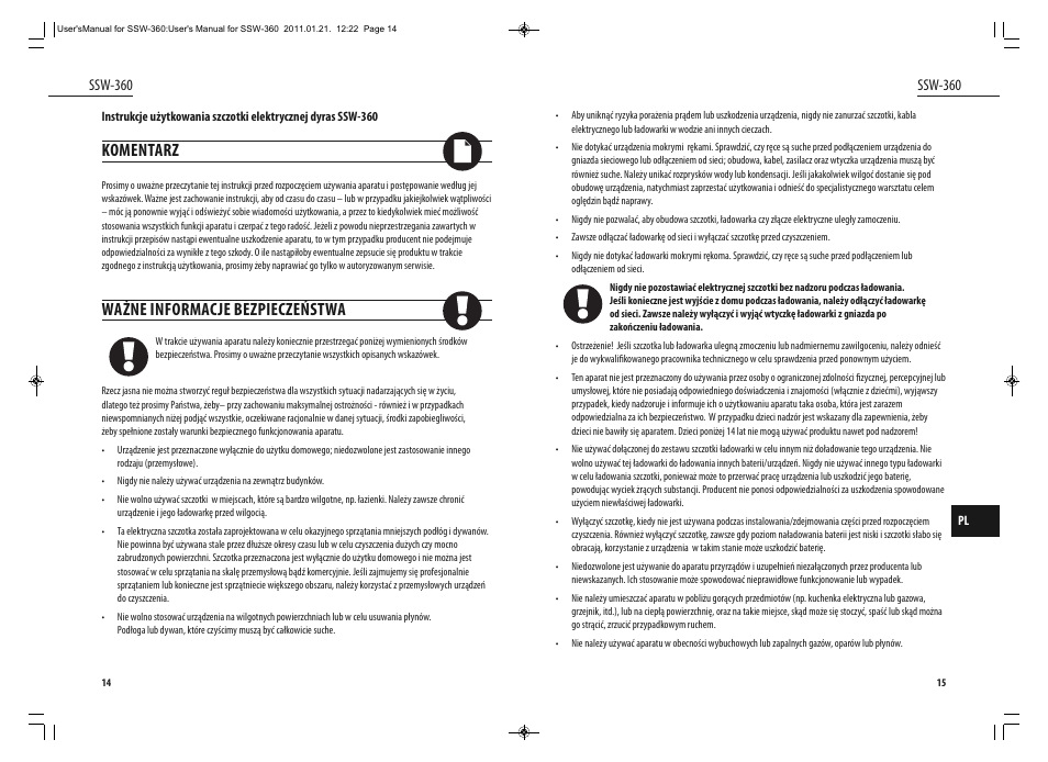 Komentarz, Ważne informacje bezpieczeństwa, Ssw-360 | Dyras SSW-360 User Manual | Page 8 / 29
