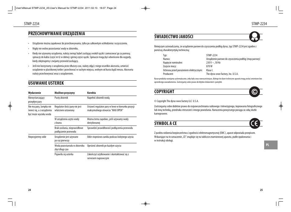 Świadectwo jakości, Copyright, Symbol a ce | Przechowywanie urządzenia, Usuwanie usterek | Dyras STMP-2234 User Manual | Page 13 / 31