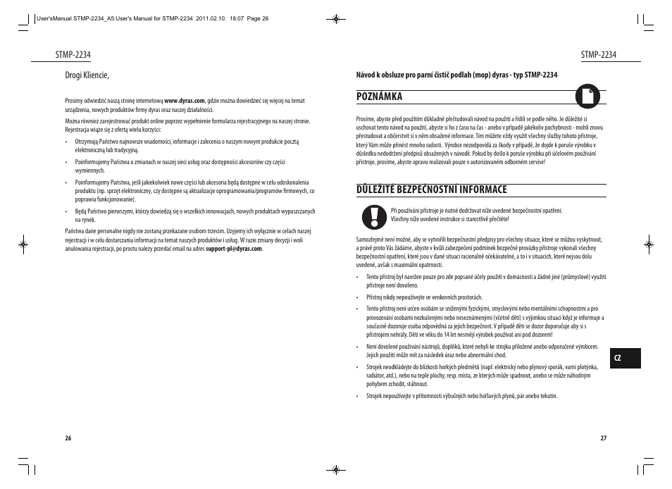 Poznámka, Důležité bezpečnostní informace | Dyras STMP-2234 User Manual | Page 14 / 31