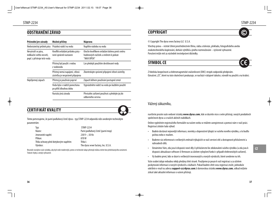Copyright, Symbol ce, Odstranění závad | Certifikát kvality, Vážený zákazníku, Stmp-2234 | Dyras STMP-2234 User Manual | Page 19 / 31
