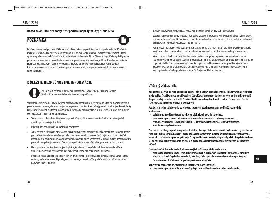 Vážený zákazník, Poznámka, Dôležité bezpečnostné informácie | Dyras STMP-2234 User Manual | Page 20 / 31