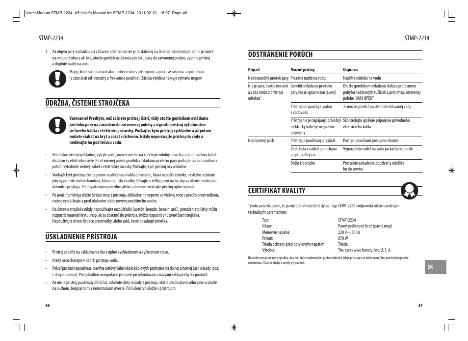 Odstránenie porúch, Certifikát kvality, Údržba, čistenie strojčeka | Uskladnenie prístroja, Stmp-2234 | Dyras STMP-2234 User Manual | Page 24 / 31